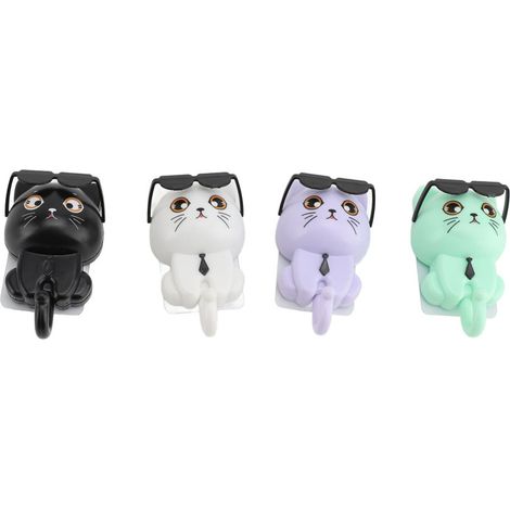 Juego de 4 adorables ganchos adhesivos con forma de gato, soportes para gafas y llaveros.