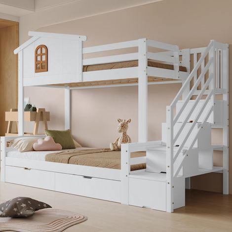 Lit superposé 90/120x200 cm avec 2 tiroirs et escalier d'angle, en bois, blanc et naturel, sans matelas (1/5)