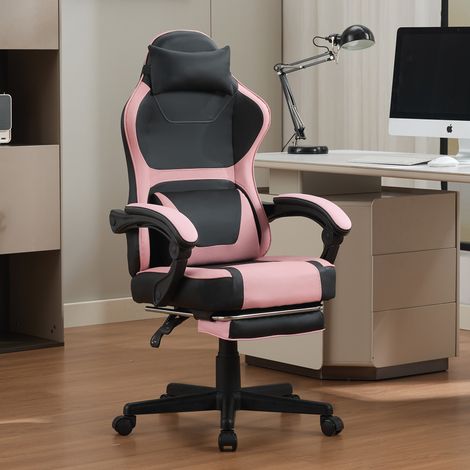 Fauteuil Gaming Ergonomique Kawaii Rose et Noir avec Repose-Pieds Extensible 63x60x126cm -PANGIVO (1/5)