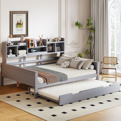 Litera de 90x200 cm, metálica, con estantes - Almacenamiento inteligente, apta para niños y adultos, colchón no incluido, blanca (1/5)
