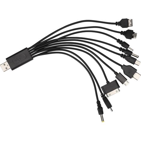 Câble USB universel 10 en 1, câble de charge multiple compatible avec de nombreux téléphones portables, écouteurs et haut-parleurs.