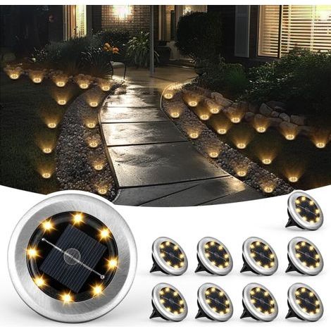 Lot de 10 mini lampes solaires de jardin, éclairage paysager étanche pour terrasse, cour, allée (blanc chaud) (1/5)