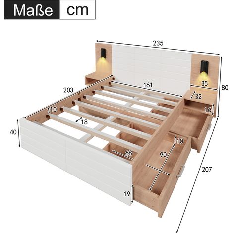 Lit double bois 160×200cm chêne/blanc,2 tiroirs,lumière lecture USB,2 commodes,cadre à lattes 235×80×207cm,lit moderne sans matelas