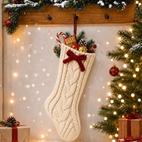 Chaussette de Noël beige en tricot, grand sac cadeau suspendu avec cordon, décoration festive pour cheminée, bonbons, petits cadeaux et fêtes