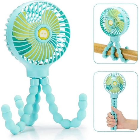 Ventilateur portable personnel 2024 mini, pour poussette ou siège auto, avec alimentation USB ou batterie rechargeable 4000 mAh, couleur bleu clair (1/5)