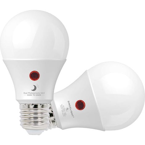 Ampoule LED avec double capteur crépusculaire, S'allume et s'éteint automatiquement en fonction de la lumière du jour, pour l'extérieur, 9W, E27 Edison, Neutre Blanc 4000K, 2 Pièces (1/5)