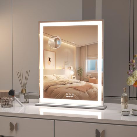 Miroir à langer 20,5 x 24,1 pouces, miroir de maquillage avec lumières, miroir Hollywood, miroir LED pour chambre à coucher, cadre en aluminium, montage sur table/mur, horizontal/vertical, (1/5)