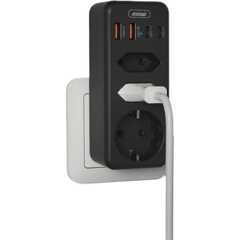 TRADE SHOP - Multipresa Da Parete Multipla 7in1 Con 4 Usb 1 Schuko 2 Spine Eu 3500w Salvaspazio Q-cz3500 -