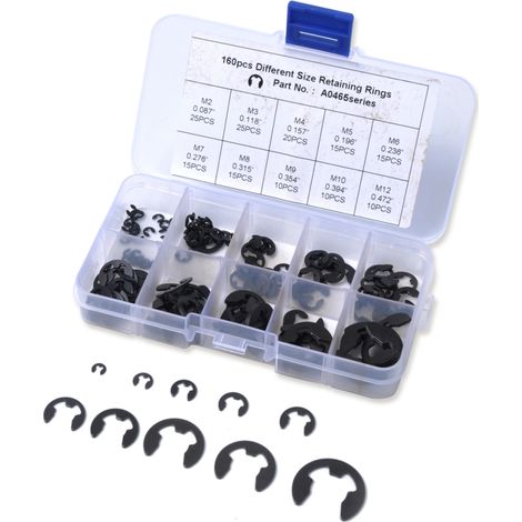 Lot de 160 anneaux élastiques E en acier carbone traité noirci, 10 tailles 2-12mm, boîtier organisateur, pour auto et atelier (1/5)