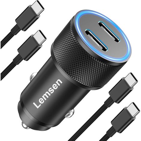 Chargeur Allume Cigare USB C Rapide 60W, Double PD Chargeur Voiture USB C Adaptateur Prise Allume Cigare Chargeur Telephone Voiture avec 2X Câble pour 17 16 15 Pro (1/5)