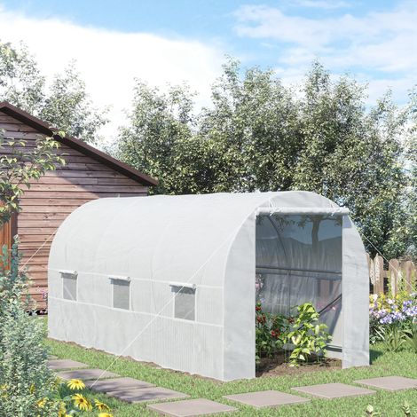 Gewächshaus für den Gemüsegarten mit 6 Fenstern und Rolltor, Tunnelgewächshaus, Pflanzengewächshaus mit Metallrahmen und Polyethylenfolie, 4,5 x 2 x 2 m, Weiß
