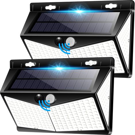 Lot de 2 Lampes Solaires Extérieures 300 LED, Applique Murale Solaire avec Détecteur de Mouvement PIR, Éclairage Blanc Froid, IP65 Étanche, Lampe de Sécurité Sans Fil pour Jardin, Terrasse, Balcon, Co (1/4)