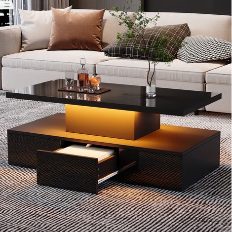 Tavolino da caffè 100x50x39 cm nero in pannello truciolare con LED dimmerabile, vano a giorno e 1 cassetto (1/5)