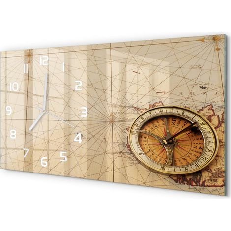 Horloge Murale Sans Tic-Tac 60x30 cm Verre Trempé Design Panoramique Boussole sur la carte (1/5)