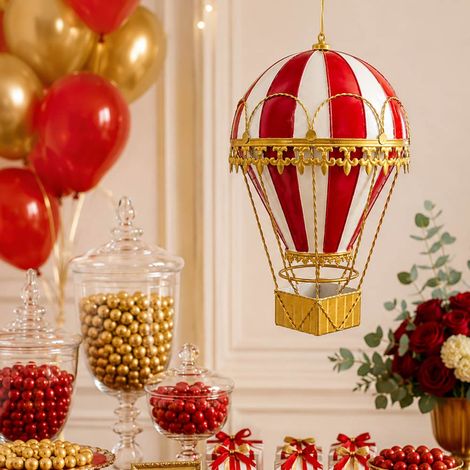 Globo aerostático decorativo de 35 cm de altura, de metal rojo y dorado, para colgar o colocar sobre una mesa. (1/5)
