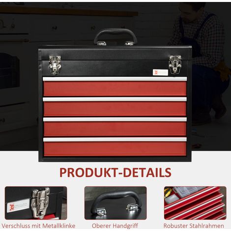 Coffret à outils DURHAND, 4 tiroirs, verrouillable, structure en acier, noir et rouge, 51 x 22 x 39,5 cm (1/5)