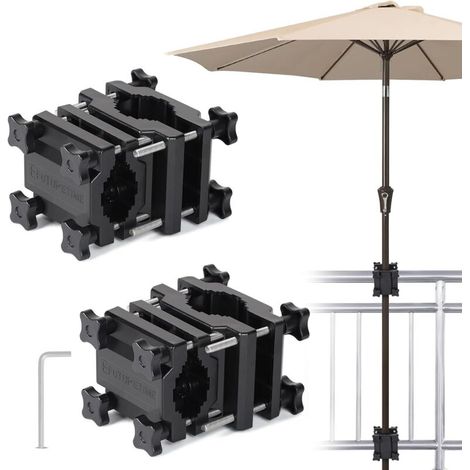 x Balkon-Sonnenschirmhalterung, Schraubsockel für Sonnenschirme Ø 22–38 mm, Sonnenschirmklemme für quadratische Balustrade 25–60 mm oder runde Balustrade Ø 25–40 mm, Schwarz