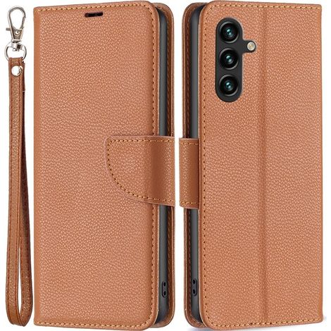 Custodia a libro per Samsung Galaxy A15, portafoglio in pelle Litchi, marrone + vetro 9H (1/5)