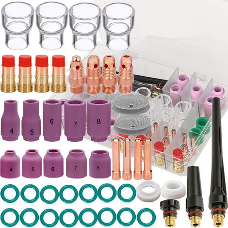 48 pièces pour TIG Torche de soudage lentille à gaz tronquée 12 Kit de coupelles en Verre pour WP-17/18/26 avec Buses en Alumine, Corps de Pinces, Pinces, coupelles arrière, diffuseurs (1/5)