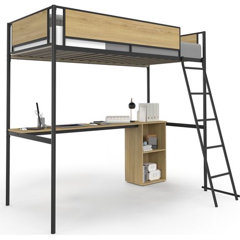 Idmarket – Lit mezzanine 90 x 190 cm avec bureau et rangements – Structure en bois et métal noir – Hauteur 182 cm – 16 lattes incluses