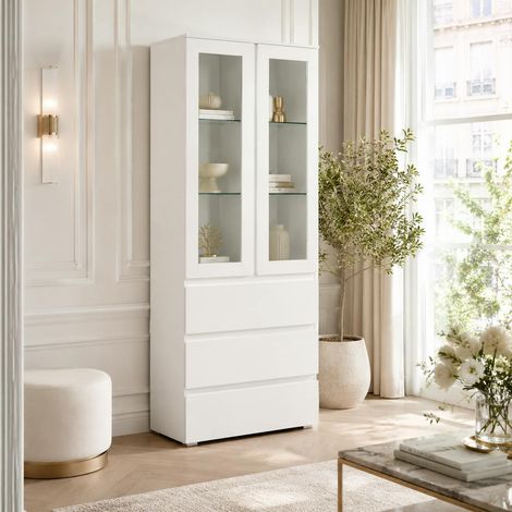 Vaisselier vitrine blanc moderne 2 portes 3 tiroirs ALVA