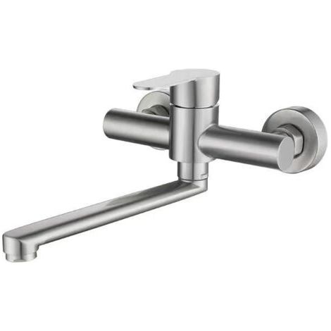 Sollbry Robinet Mural Cuisine, Mitigeur Mural Inoxydable, Pivotant à 360° pour Évier de Cuisine, Eau Chaude et Froide, Trous de Montage Réglables, Bras Pivotant 23cm, Brossé (1/5)
