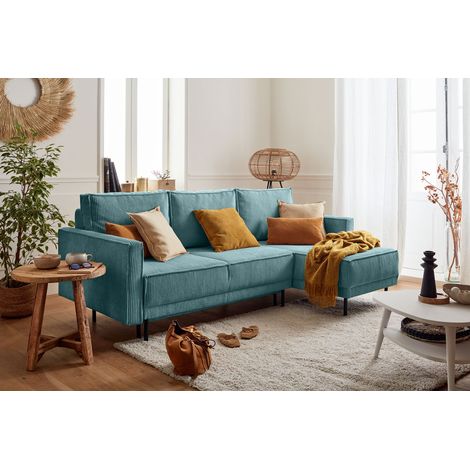 Charlie – ecksofa beidseitig montierbar – 4-sitzer – mit schlaffunktion und bettkasten – aus cord - blau