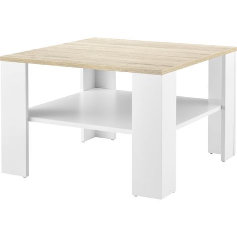 Mesa de centro de salón 60 x 60 x 40 cm blanco y efecto roble 030008432