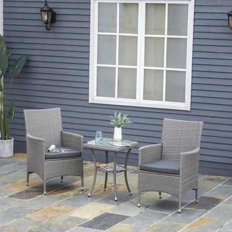 Set Giardino Esterno 3 Pezzi in Rattan PE e Acciaio, Set 2 Sedie con Cuscini Lavabili, Braccioli, Tavolino da Caffè con Piano in Vetro, Salotto da Giardino Balcone Patio Cortile, Grigio