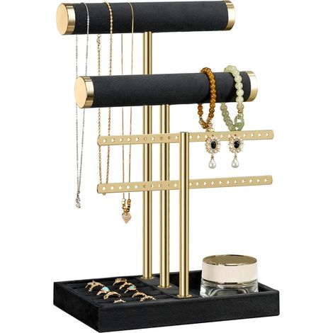 Présentoir à bijoux à trois niveaux - support à bijoux détachable en forme de T, convient aux bracelets, colliers, montres et bagues, noir. (1/5)