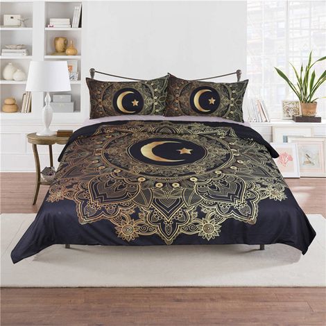 Ensemble de literie 3 pièces (housse de couette et taies d'oreiller imprimées en 3D, motif étoiles et lune, taille US Full) (1/5)