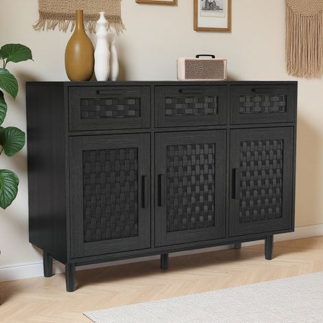 Buffet de cuisine, 3 tiroirs et 3 portes en rotin, 90x30x72cm, meuble de rangement salon/chambre /salle à manger, MDF, noir, anti-basculement