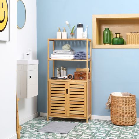 Bambus-Badezimmerschrank, freistehend, 2 offene Regalböden und Doppellamellentüren, natur