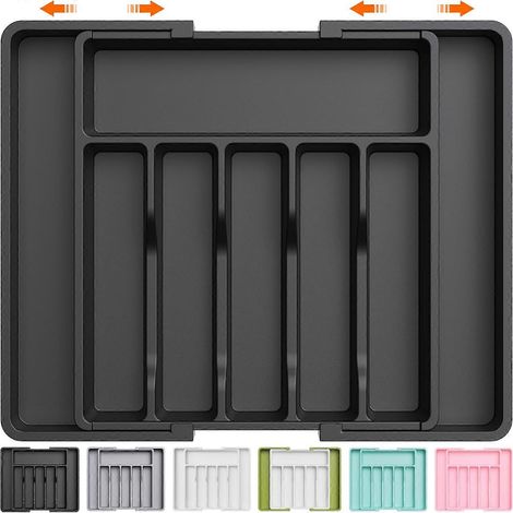 Organisateur de tiroir à couverts, plateau extensible pour ustensiles de cuisine, rangement compact en plastique noir (1/3)
