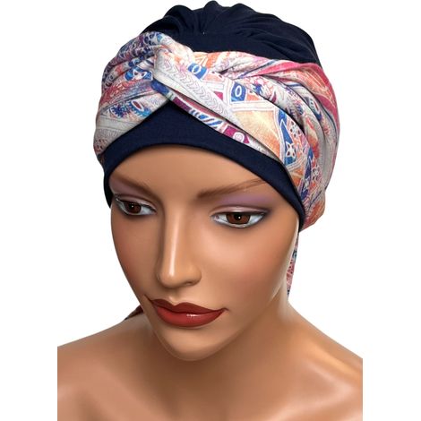 Turban de printemps pour femme Lena bleu marine 421, foulard doux également adapté après chimiothérapie (1/5)