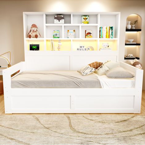 Cama individual 90 x 200 cm con almacenaje hidráulico, LED y enchufes, cabecero estante MDF blanco (1/5)