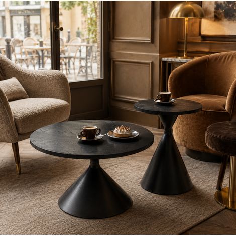 Lot de 2 tables rondes basse et d’appoint Ø70 x H40 / Ø50 x H50 cm, MDF noir et acier carbone (1/5)