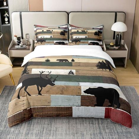 Housse de Couette Rustique Farmhouse 240x260, Housse Couette Ours Cerf, Parure de Lit Élan de Noël, Ensemble de Literie Rayé Noir (1/5)