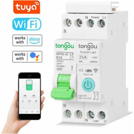 Tuya WLAN-Smart-Leistungsschalter mit drahtloser Fernbedienung, Steuerung per Smartphone-App, Smart-Display, Timer-Funktion, Countdown-Schleife, verschiedene Timer-Modi, Weiß, 1P-25A (ohne m-Funktion) (1/4)