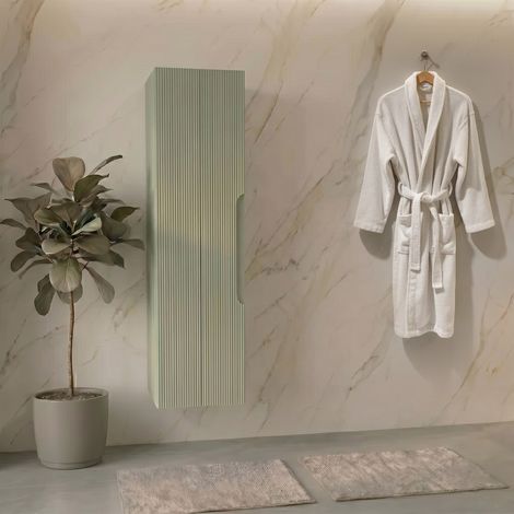Mobile colonna bagno in rovere farnia con frontale cannettato 138x35x28, colori verde salvia