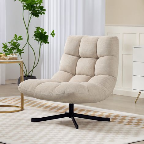 Butaca de Salón Giratoria Moderna Tapizada en Chenilla con Asiento Ancho Base Cruz y Patas de Acero Sillón Relax Crema (1/5)