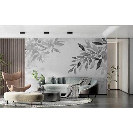 Papier peint noir et blanc feuilles aquarelles 1 - 150 x 250 cm (1/2)