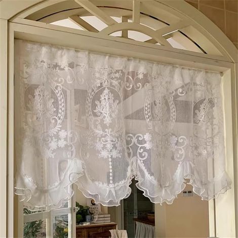 CCYKXARideau court, style maison de campagne, bohème, court, vintage, dentelle crochetée,motif floral,pour bistrot,porte avec pompon,1 pièce,116x H 65 cm (1/5)