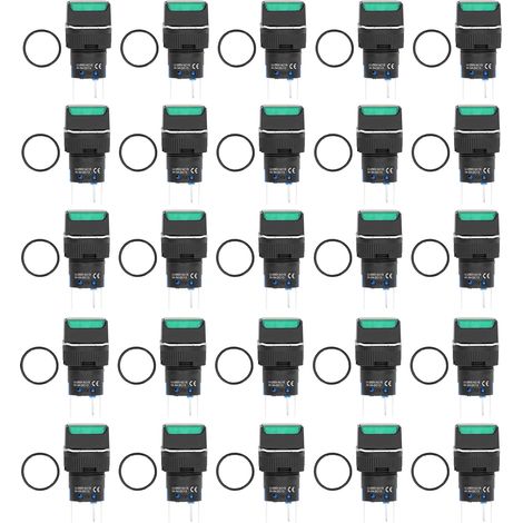 25 interrupteurs poussoirs auto-verrouillants carrés lumineux 16mm 24V 5A vert, bouton d'alimentation à verrouillage, lot de 25 pièces (1/5)