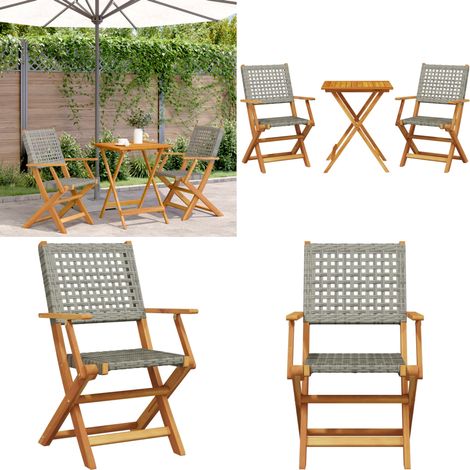 Set da Bistrot 3 pz Grigio in Polyrattan e Legno Massello - Sedie da giardino - Mobili da esterno