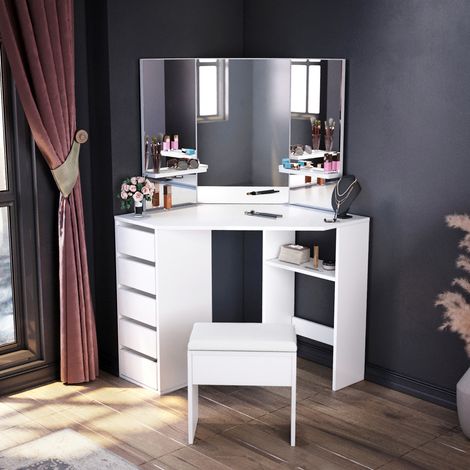 ELEGANT White Corner Dressing Table 3 Mirrors 5 Drawers Makeup Desk with Stool Vanity Bedroom Table (1/7)