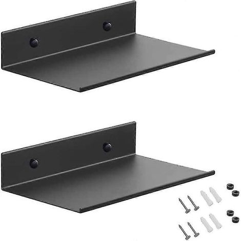 Étagères murales en métal, lot de 2 étagères flottantes noires de 20 cm, étagère de douche murale, étagère rectangulaire murale avec trous et vis pour salon (1/5)