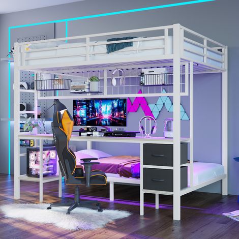 Cama alta de metal y MDF blanca 140x200 cm con escritorio, cajones, estantes, rejilla y LED USB (1/5)