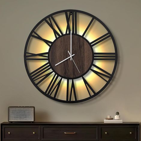 Horloge Murale 50CM pour Salon sur Pile, Silencieuse sans Tic-Tac, Style Bois Métal, LED Moderne Chambre/Bureau Chiffres Romains, Noir (1/5)
