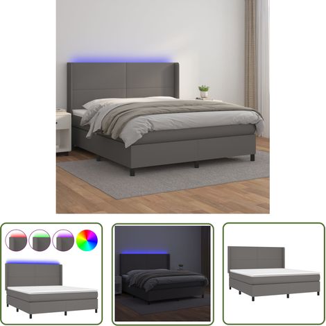 The Living Store Sommier à lattes de lit matelas LED Gris 160x200 cm Similicuir - Lit Plateforme - Lit Design - Lit Capitonné - Lit Avec Rangement - Tête De Lit Ajustable (1/5)